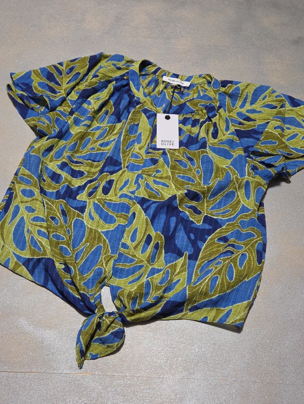 Rose & Olive Blue and Olive Leaf-Printed Tie-Front Crop Top